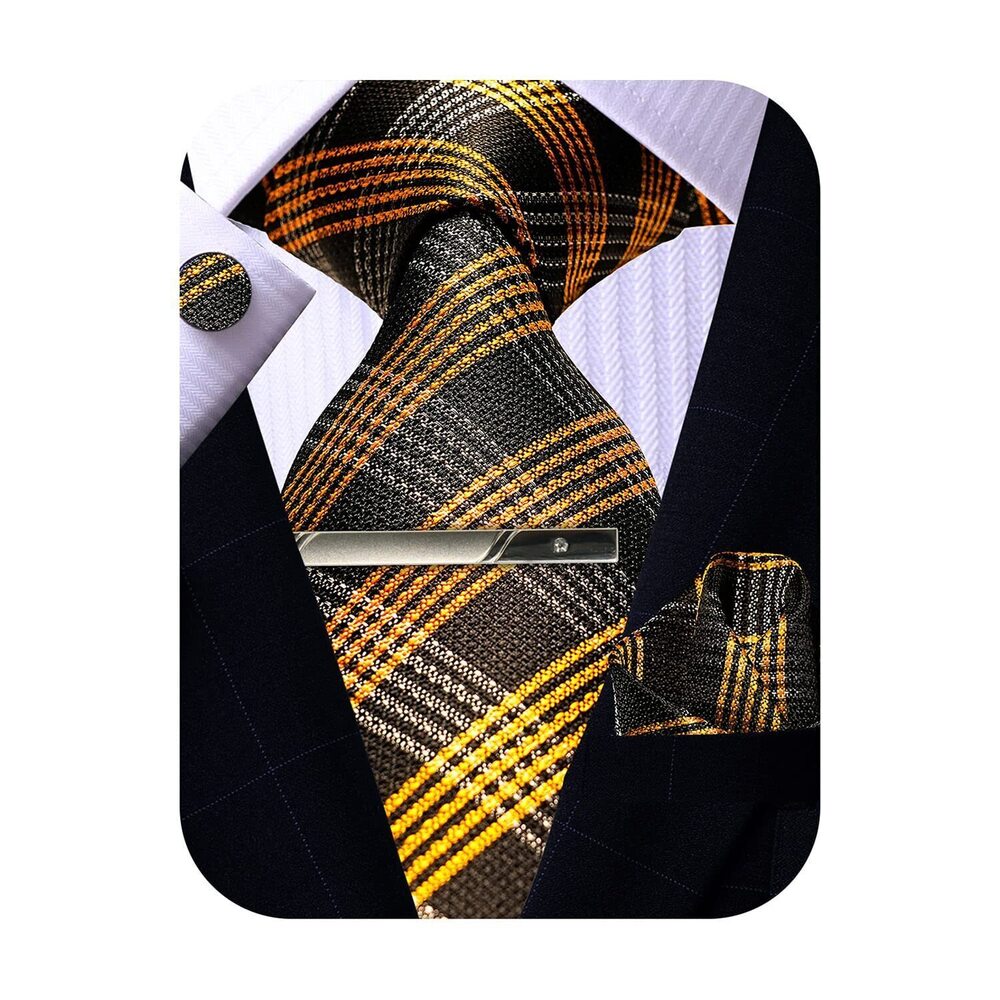 9958 Gold and Black Tie and Pocket Square Set, Silk Gold Plaid Tie